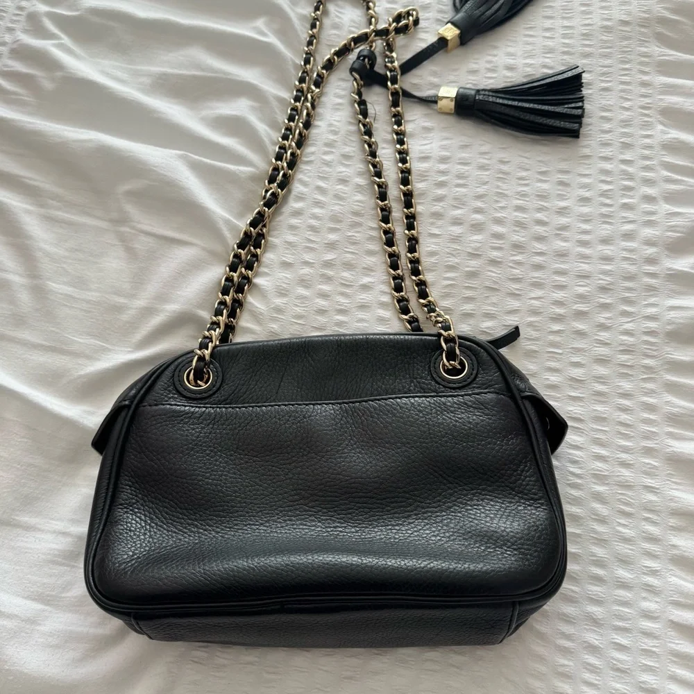 Tory Burch Thea Black Leather Crossbody Bag with Chain Strap and tassel
